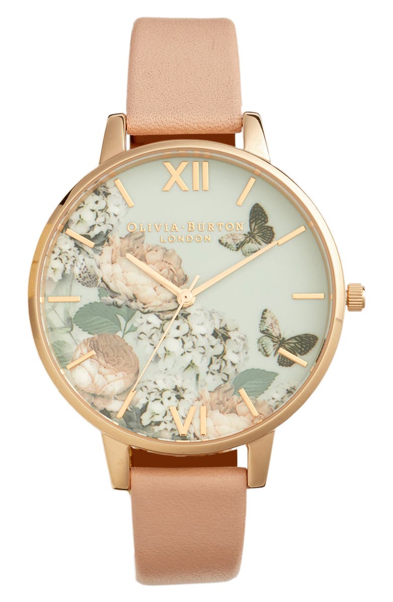 Olivia Burton Pretty Blossom Leather Strap Watch, 38mm, Main, color, 