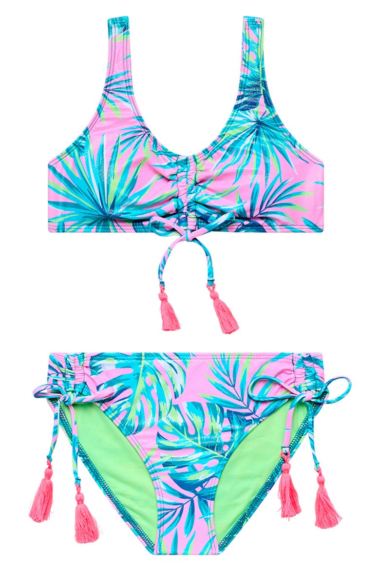 Kids' Metallic Ruched Tassel Trim Two-Piece Swimsuit, Main, color, BLUE