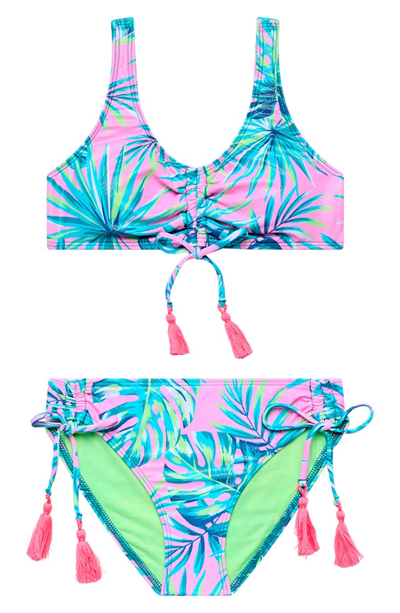 Beach Lingo Kids' Metallic Ruched Tassel Trim Two-Piece Swimsuit, Main, color, Blue