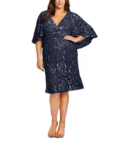 Mac Duggal Embellished Cape Sleeve Cocktail Gown In Navy