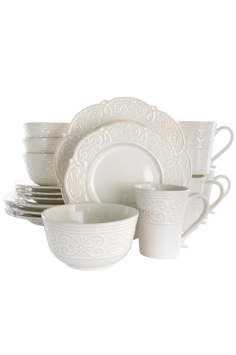 Luna 16 Piece Scalloped Stoneware Dinnerware Set, Main, color, White