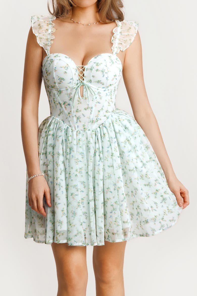 Snatched Lace Convertible Strap Mini Shapewear Romper Cottagecore Dress, Alternate, color, Green Floral