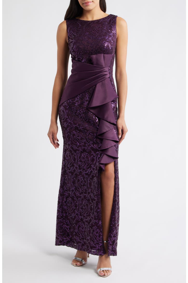 Sequin Ruffle Sleeveless Lace Trumpet Gown, Main, color, PLUM