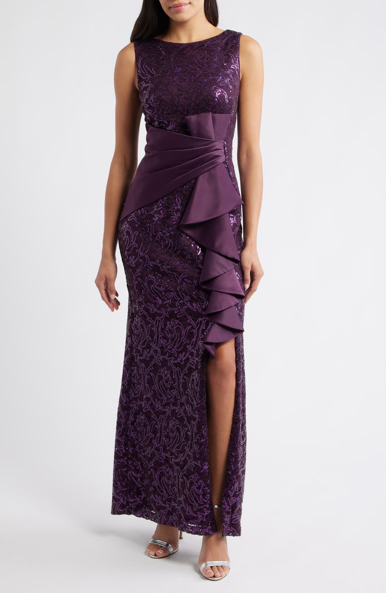 Eliza J Sequin Ruffle Sleeveless Lace Trumpet Gown, Main, color, Plum