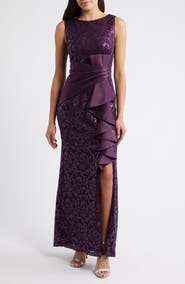 Eliza J Sequin Ruffle Sleeveless Lace Trumpet Gown