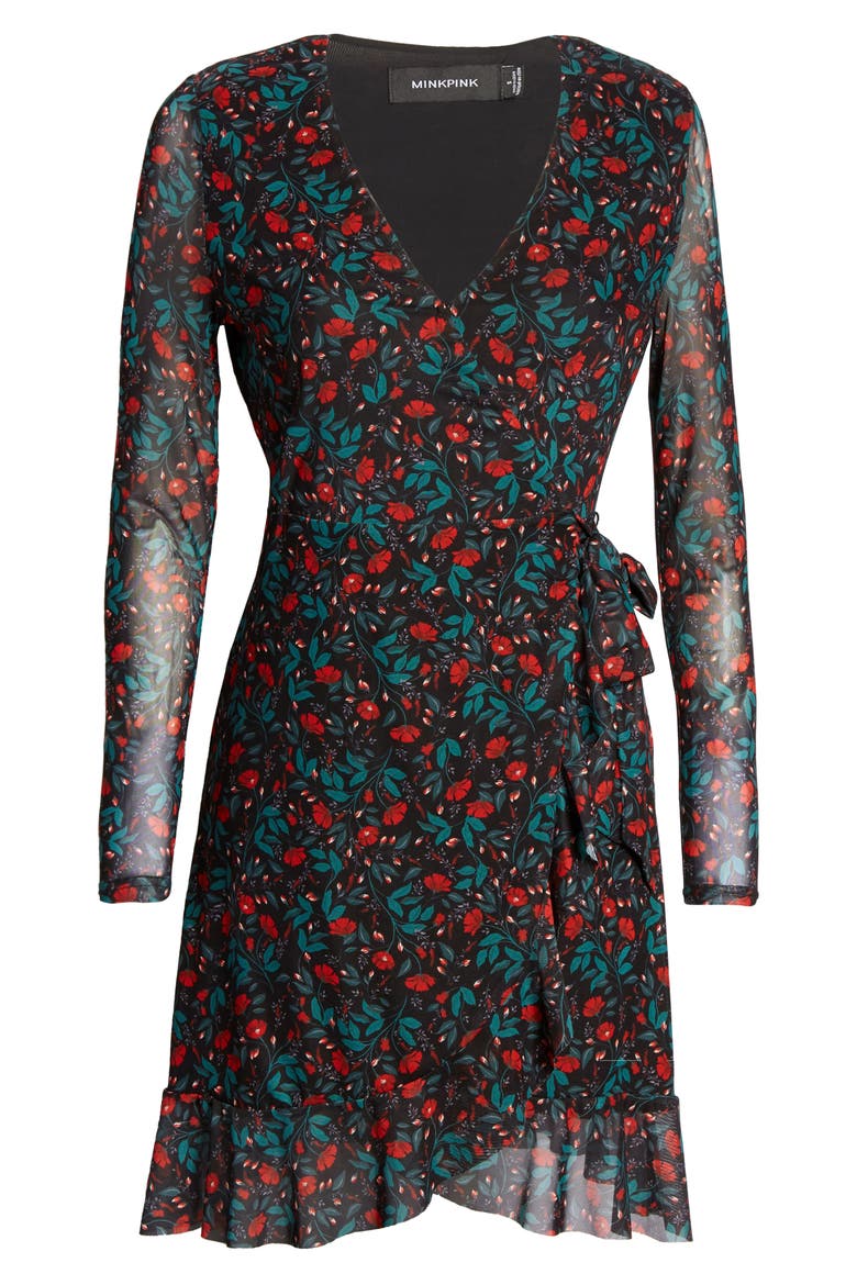 Holy Long Sleeve Mesh Wrap Minidress, Alternate, color, MULTI
