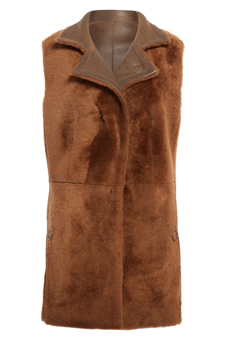 Reversible Lambskin Leather & Genuine Shearling Gilet, Alternate, color, WOOD