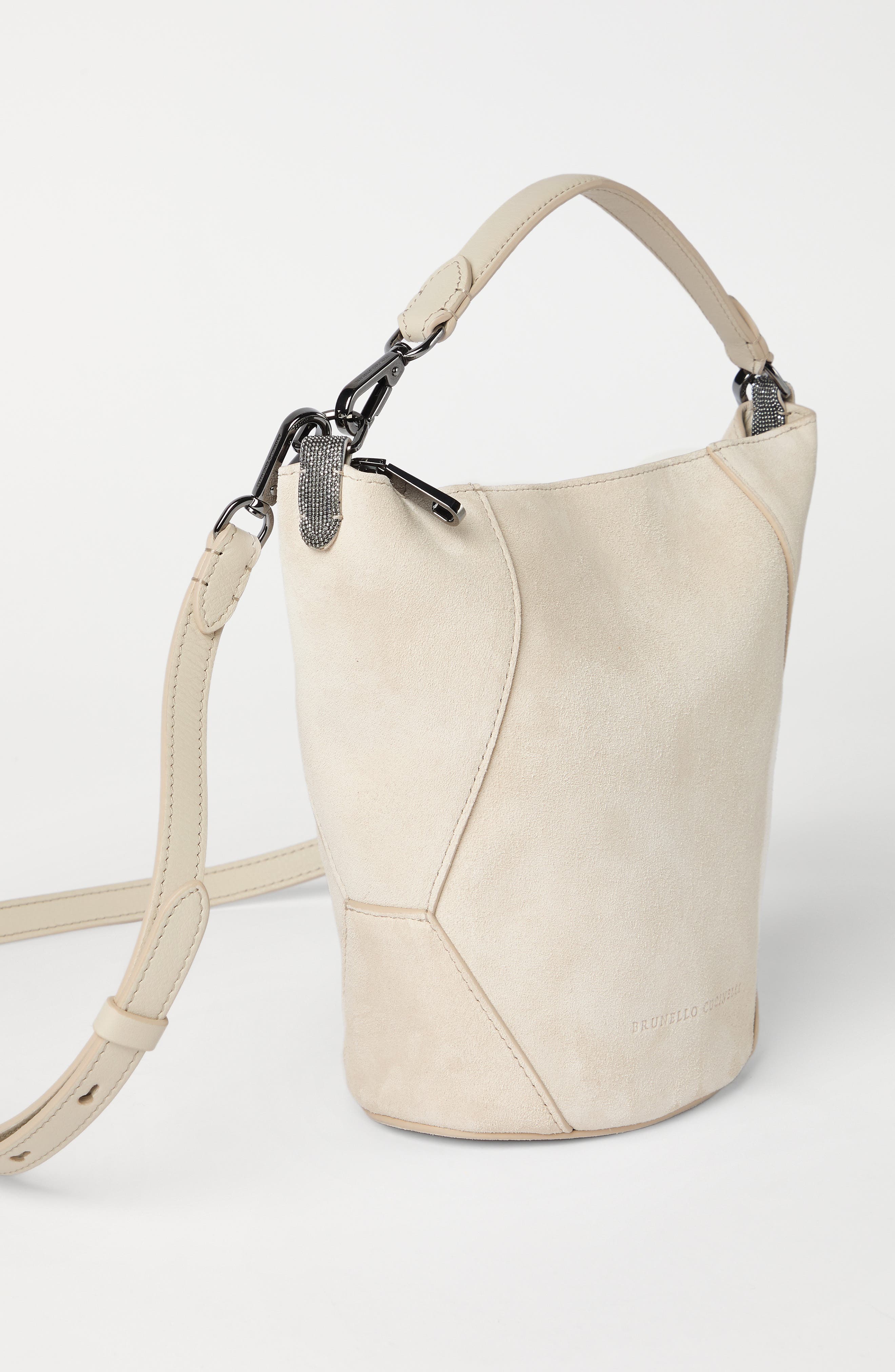 Brunello Cucinelli BC Duo bucket bag in suede, Alternate, color, Ivory
