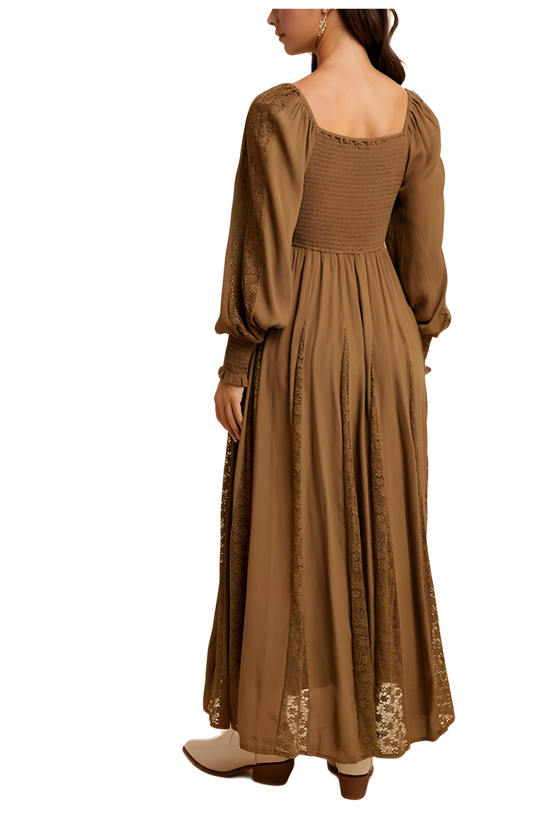 Knit and Lounge Long Sleeve Maxi Dress with Smocked Bodice and Lace Insets, Alternate, color, 