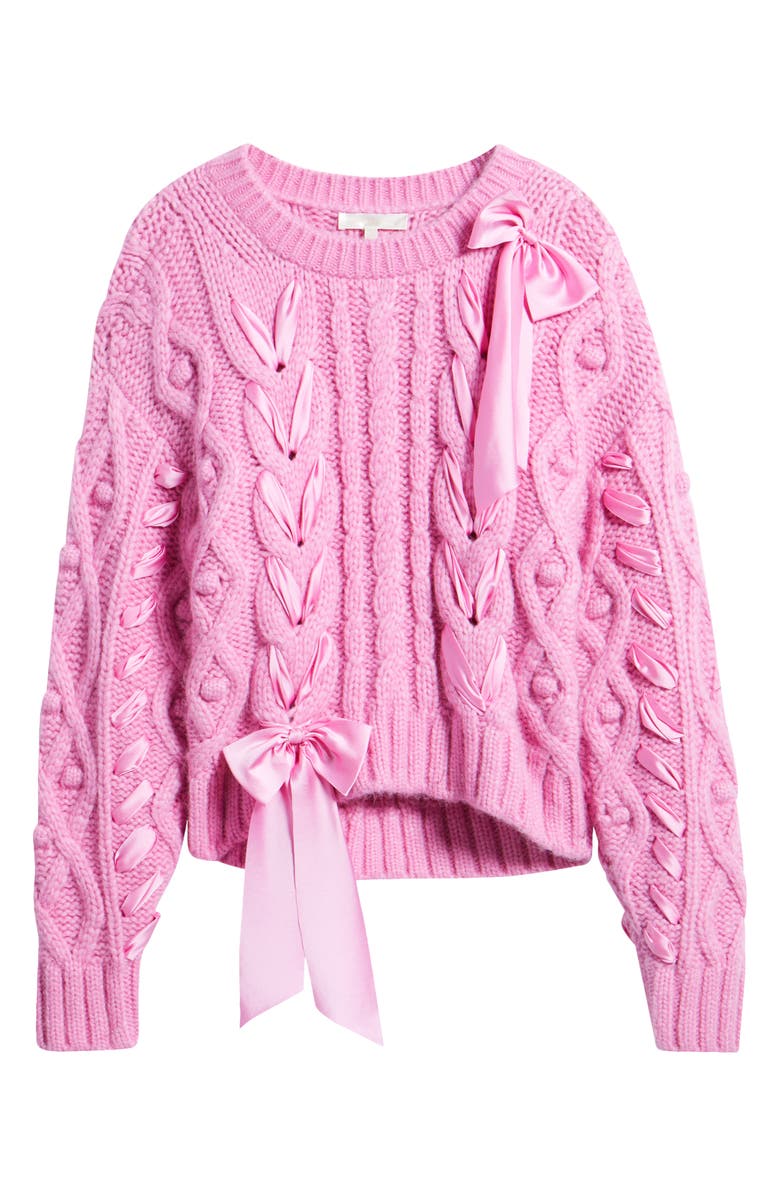 LoveShackFancy Parson Ribbon Detail Alpaca Blend Cable Sweater, Alternate, color,