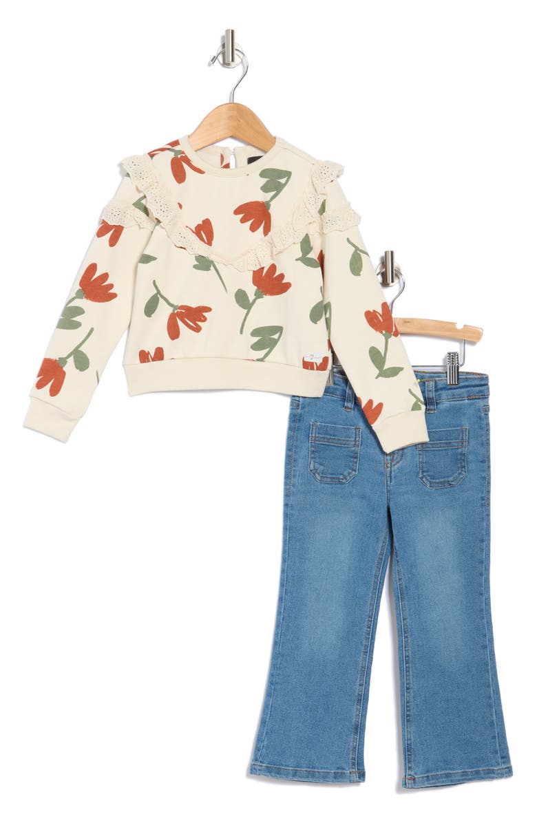 7 For All Mankind Kids' Floral Ruffle Eyelet Sweater & Jeans Set, Main, color, 