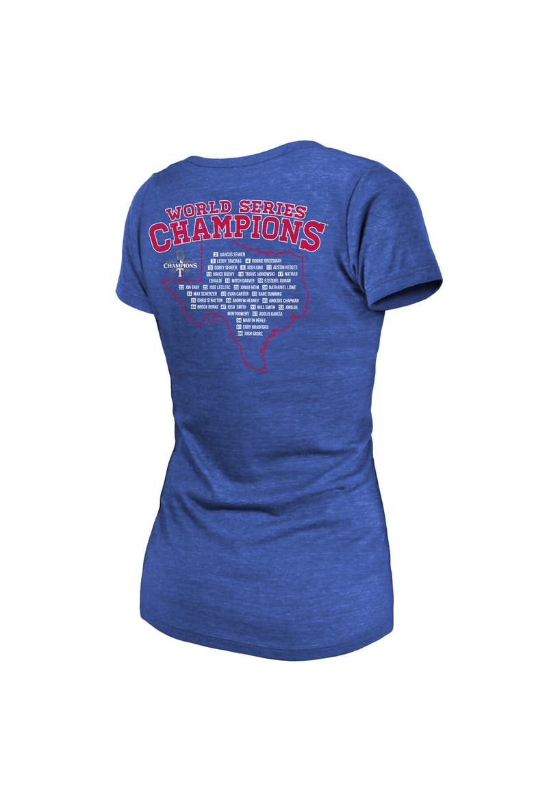 Women's Majestic Threads Royal Texas Rangers 2023 World Series Champions Local Ground Rules Roster Tri-Blend Fitted T-Shirt, Alternate, color, Royal