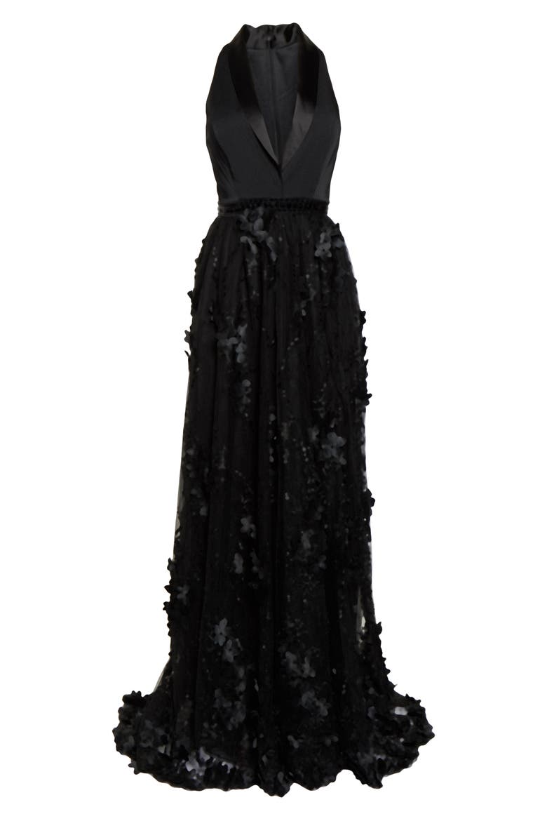Tuxedo Lapel Floral Embellished Gown, Alternate, color, BLACK