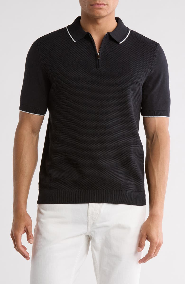 DENIM AND FLOWER Textured Cotton Blend Zip Polo, Main, color, 