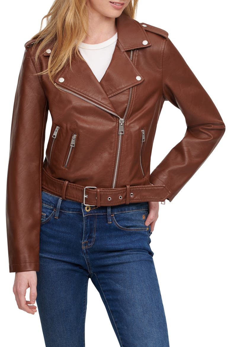 Levi's® Faux Leather Fashion Belted Moto Jacket, Main, color, DARK BROWN