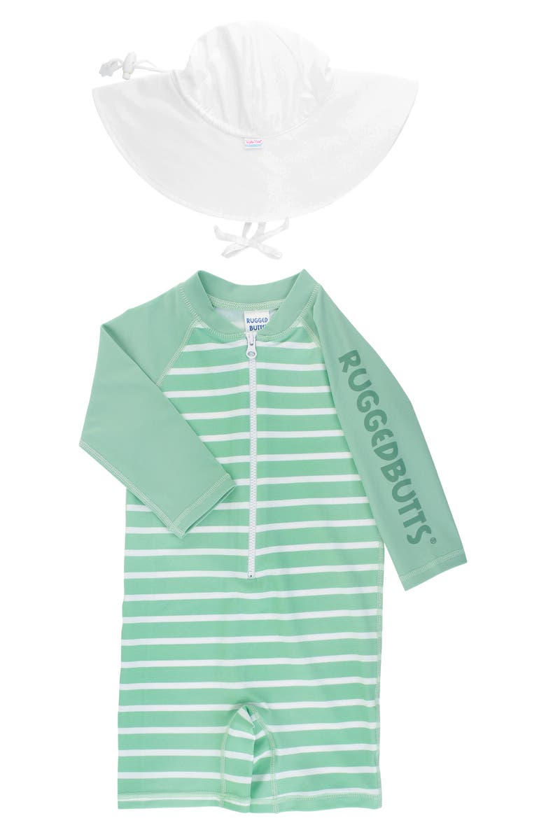 RuggedButts Cornflower Blue One-Piece Rashguard Swimsuit & Hat Set, Alternate, color,