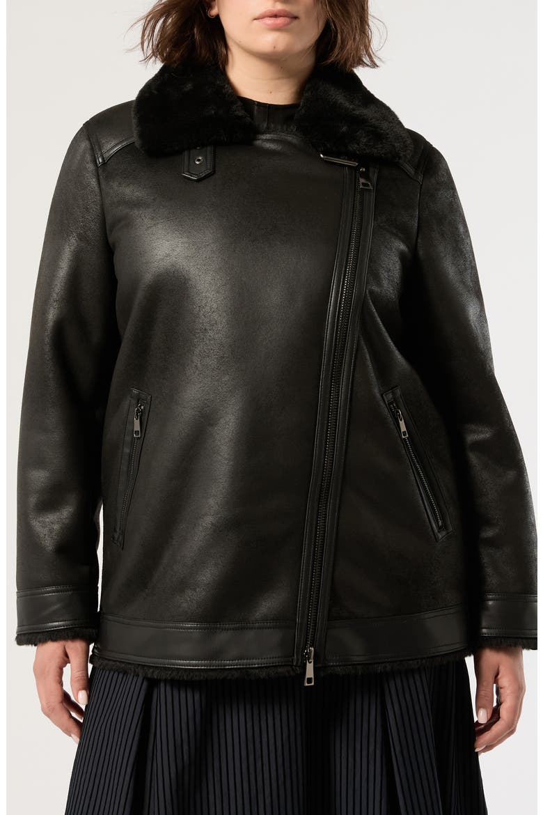 Faux Fur Trim Faux Leather Moto Jacket, Main, color, BLACK