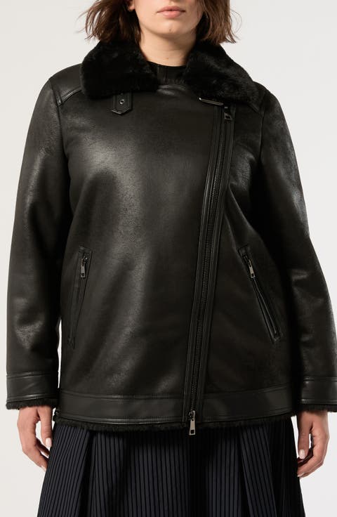 Faux Fur Trim Faux Leather Moto Jacket