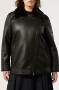 Marina Rinaldi Faux Fur Trim Faux Leather Moto Jacket