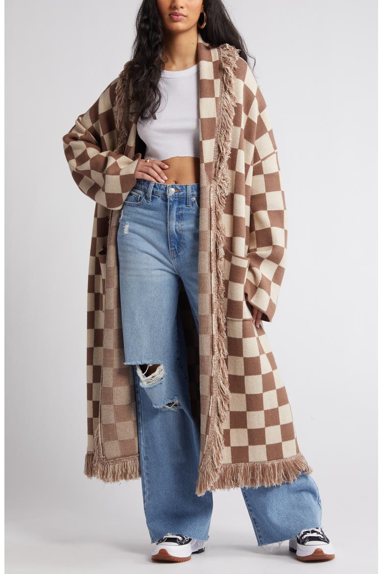 Fringe Blanket Cardigan, Alternate, color, TAN CHECK