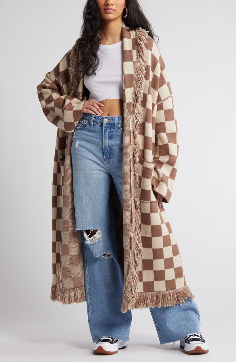 Dressed in Lala Fringe Blanket Cardigan, Alternate, color, Tan Check