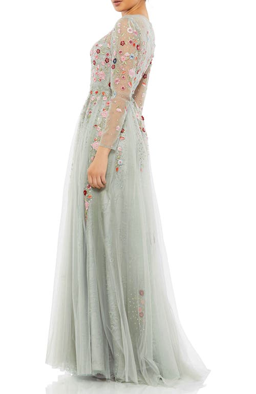 Mac Duggal Embroidered Illusion High Neck Long Sleeve A Line Gown In Platinum Multi