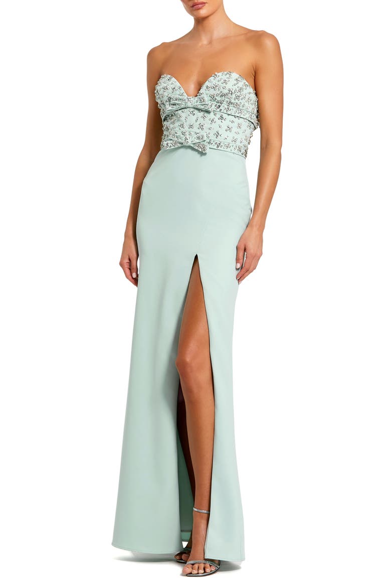 Strapless Sweetheart Crepe Gown with Embellished Bodice, Bow Detail & Thigh-High Slit, Main, color, Mint