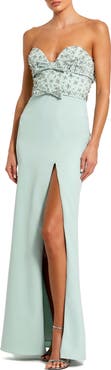 Mac Duggal Strapless Sweetheart Crepe Gown with Embellished Bodice, Bow Detail & Thigh-High Slit