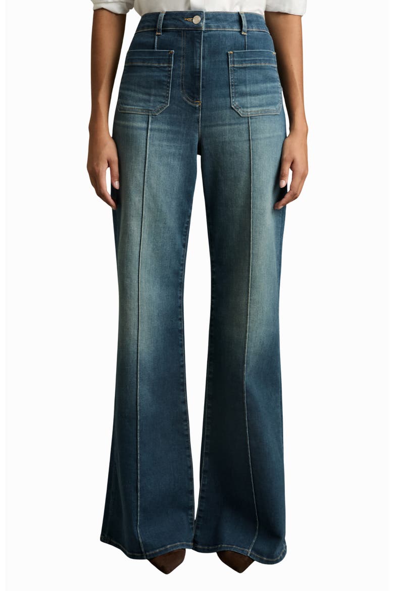 Sakura Pintuck Patch Pocket Wide Leg Jeans, Main, color, MID BLUE