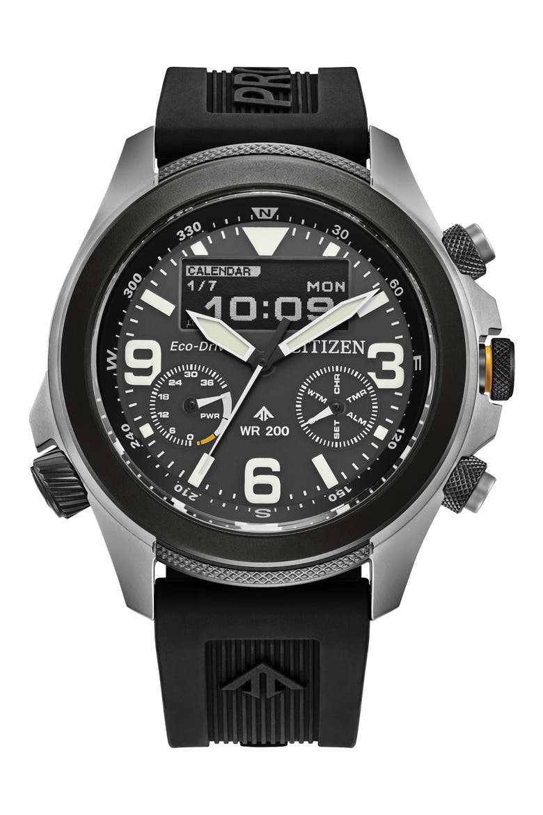 Promaster Land Eco-Drive Rubber Strap Watch, 43.9mm, Main, color, BLACK