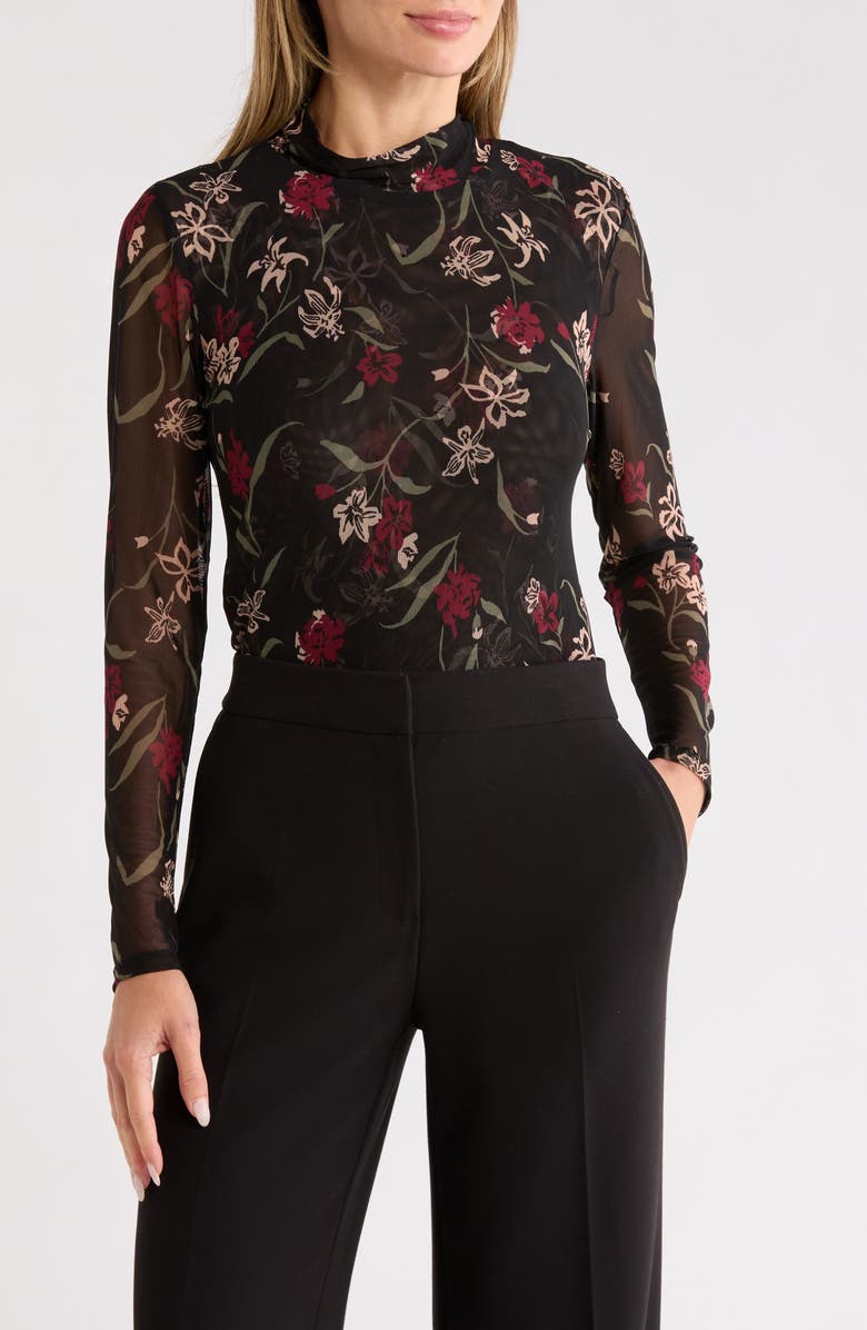 Ted Baker Long Sleeve Printed Mesh Mock Neck Top, Main, color, Cordovan