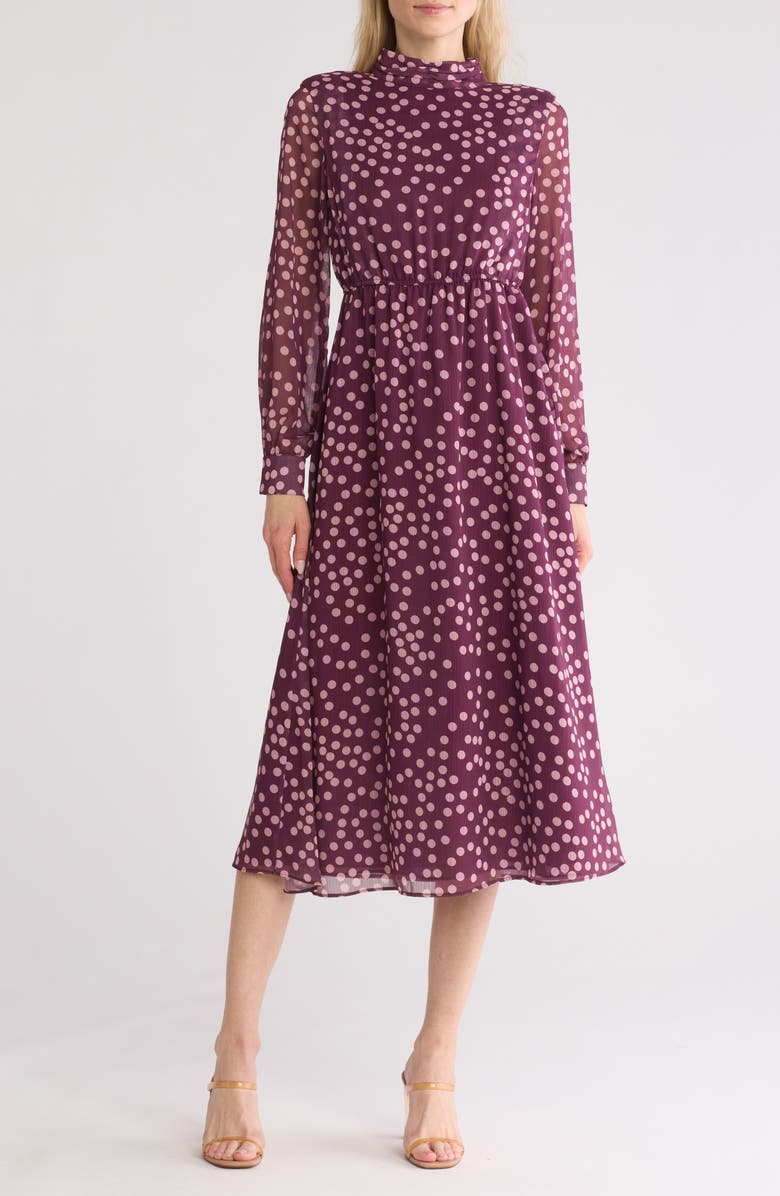 AREA STARS Polka Dot Long Sleeve Chiffon Dress, Main, color, 