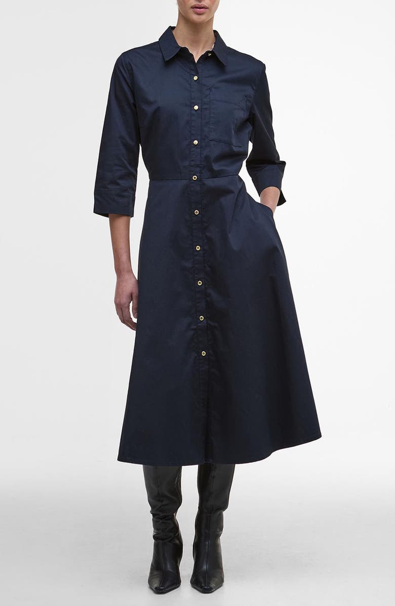 Barbour Saffron Cotton Fit & Flare Midi Shirtdress, Main, color, Dark Navy