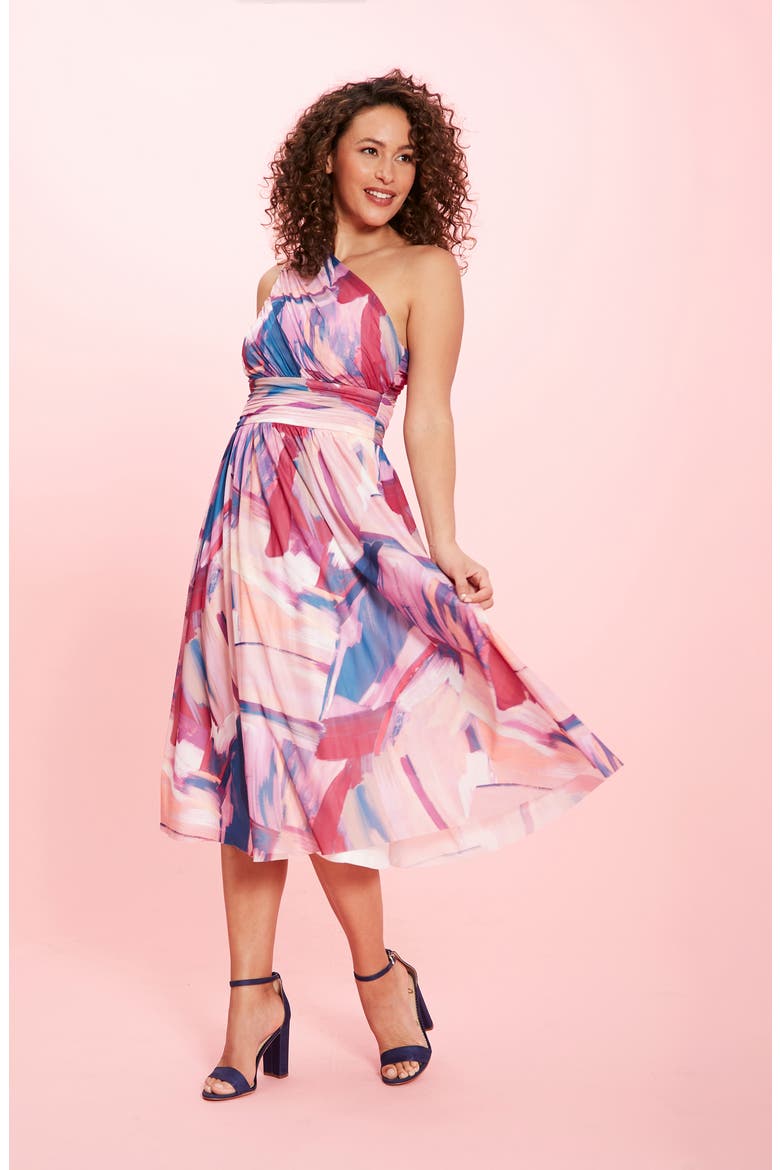 Print Ruched One-Shoulder Dress, Alternate, color, WHITE/ PINK