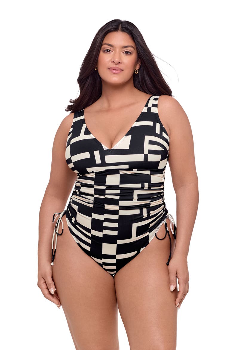 Smoothing and Sculpting Adjustable Low Cinched One-Piece Swimsuit, Main, color, Off Grid