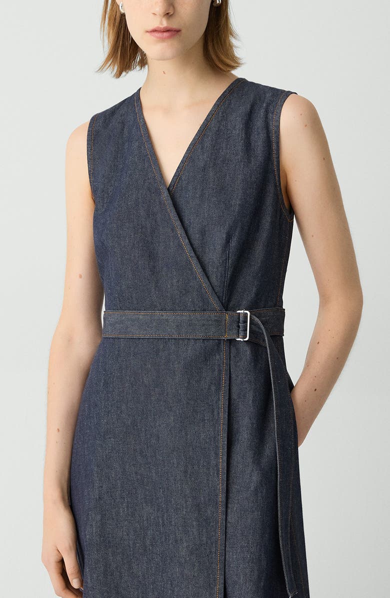 Theory Sleeveless Belted Chambray Wrap Dress, Alternate, color, Indigo