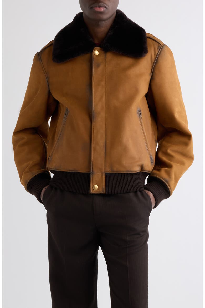 Lorby Genuine Shearling Collar Suede Bomber Jacket, Main, color, COGNAC BROWN