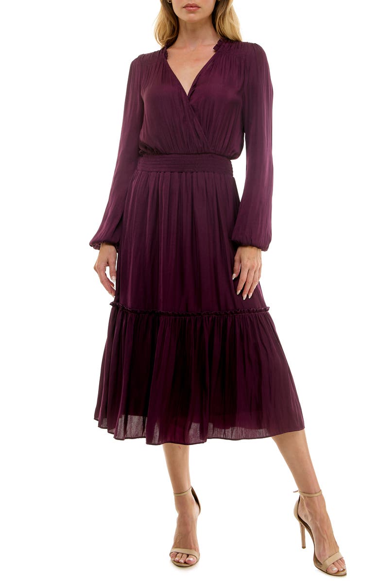 Socialite Long Sleeve Tiered Midi Dress, Main, color, Burgundy