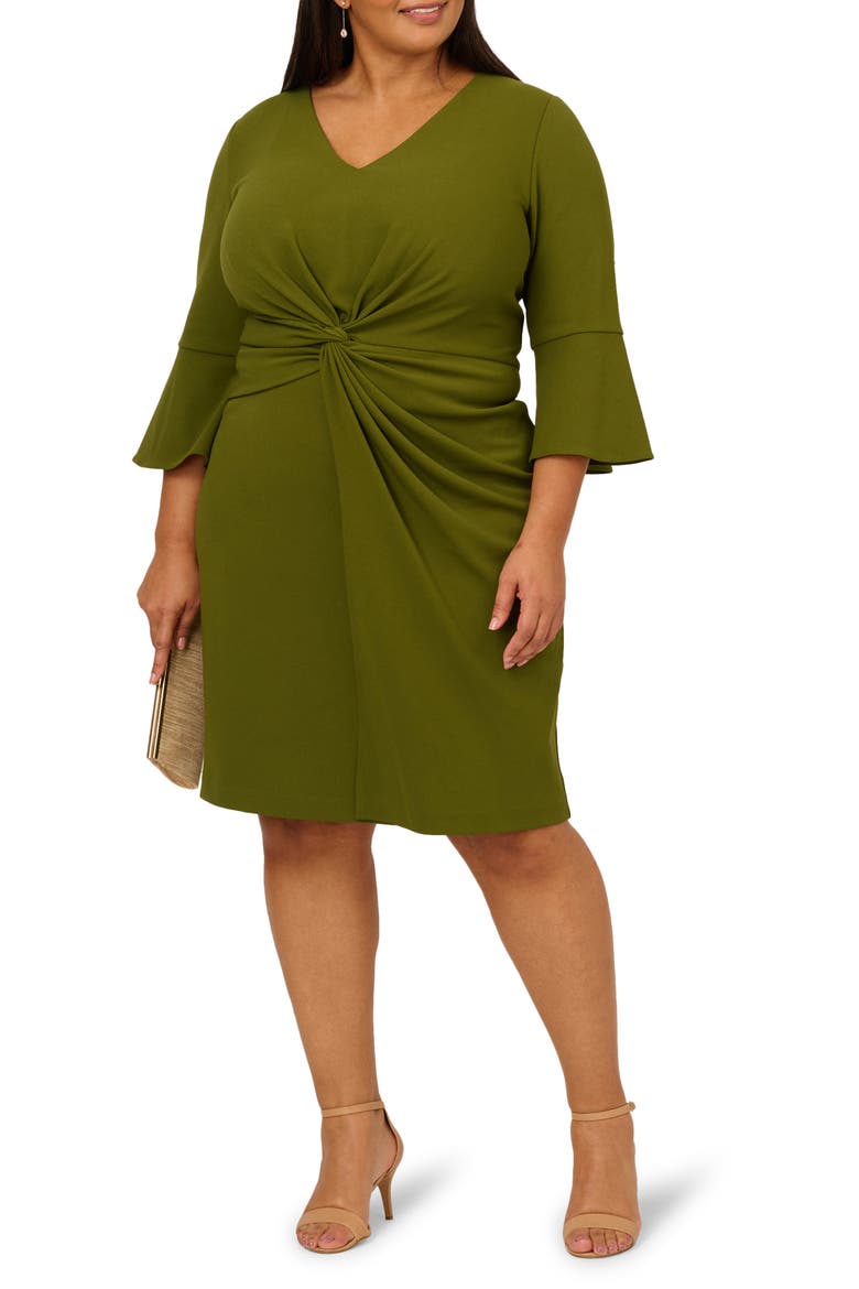 Bell Sleeve Twist Front Crepe Sheath Dress, Alternate, color, JUNGLE OLIVE