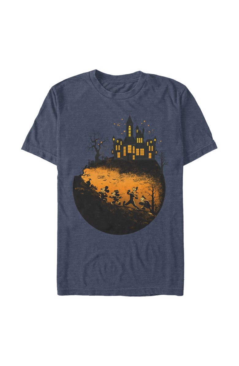 Mickey & Friends Men's Mickey & Friends Halloween Mickey Mouse and Haunted House  Graphic T-Shirt, Main, color, Navy Blue Heather