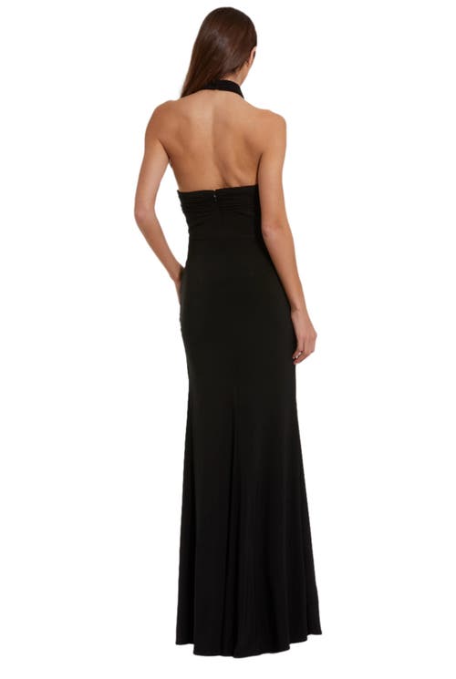 Mac Duggal Jersey Crossover Halter Neck Gown With 3d Flower In Black Pink