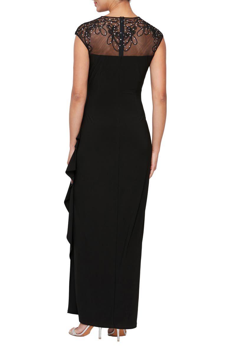 Illusion Lace Matte Jersey Column Gown, Alternate, color, BLACK