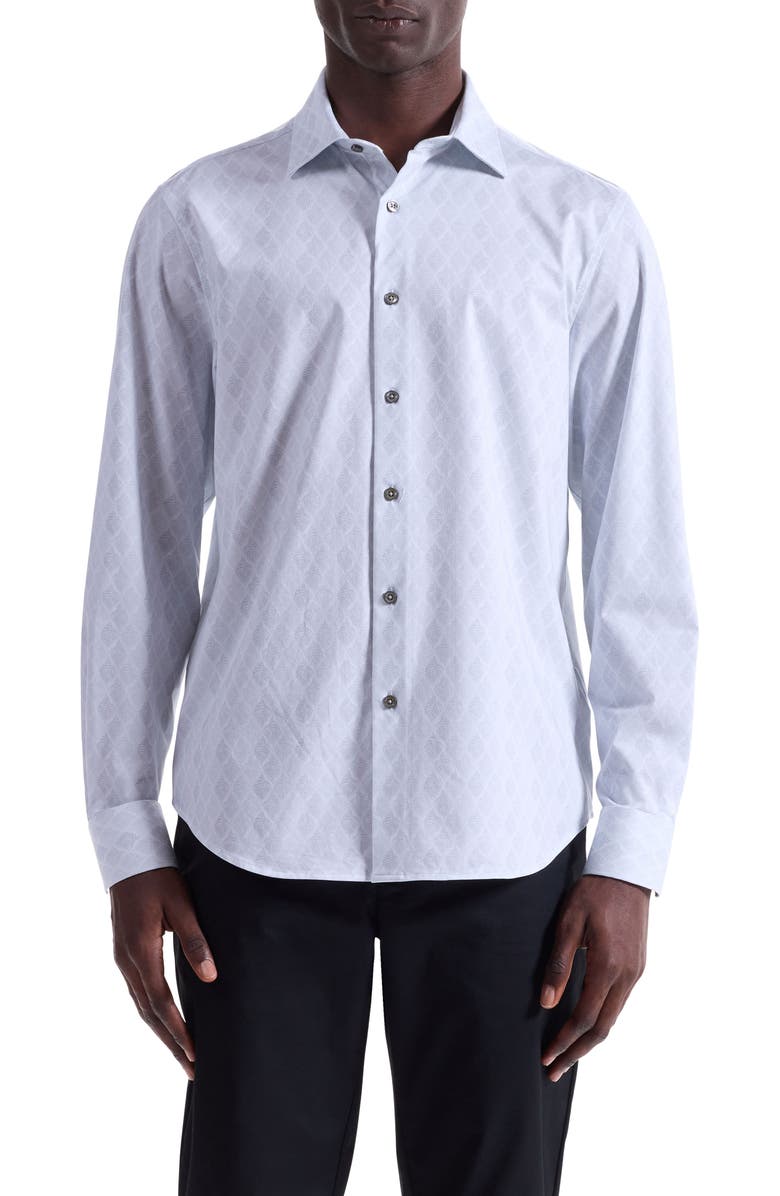 Bugatchi James OoohCotton<sup>®</sup> Leaf Print Button-Up Shirt, Main, color, Platinum