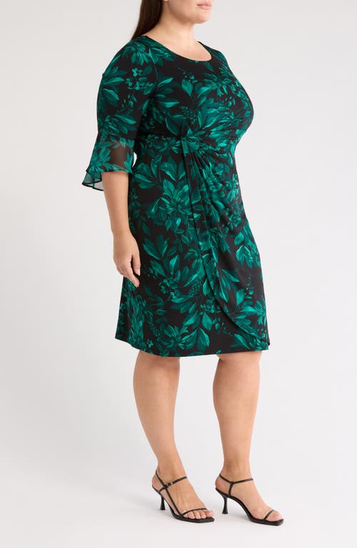Connected Apparel Bell Sleeve Faux Wrap Dress In Green