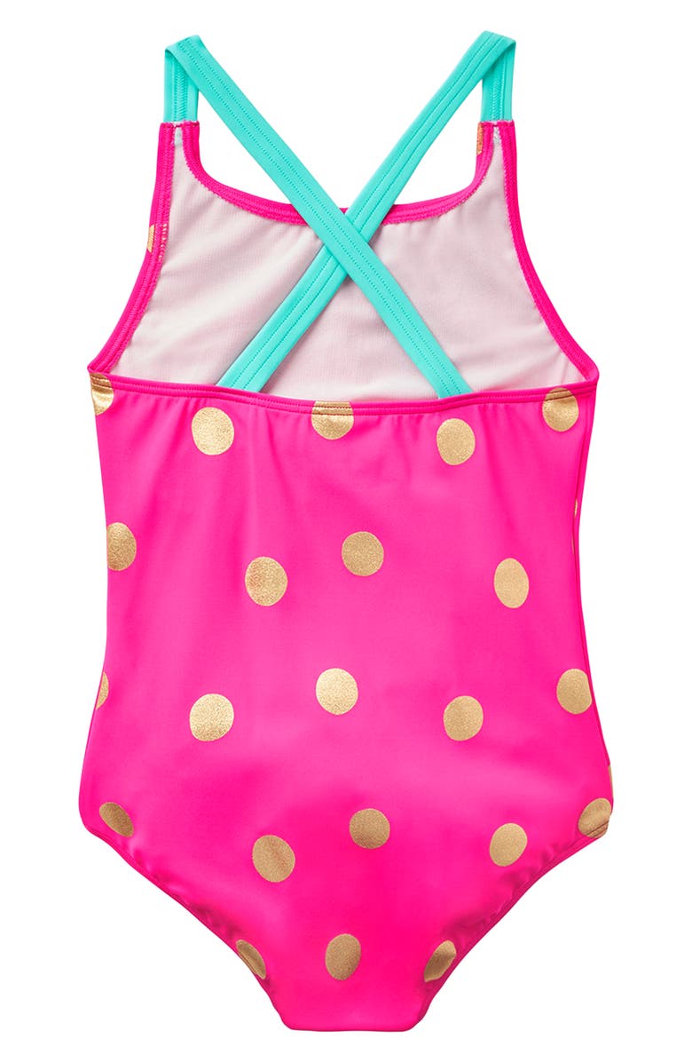 Mini Boden Kids' Cross Back One-Piece Swimsuit, Alternate, color, Fuchsia Pink Foil Spot