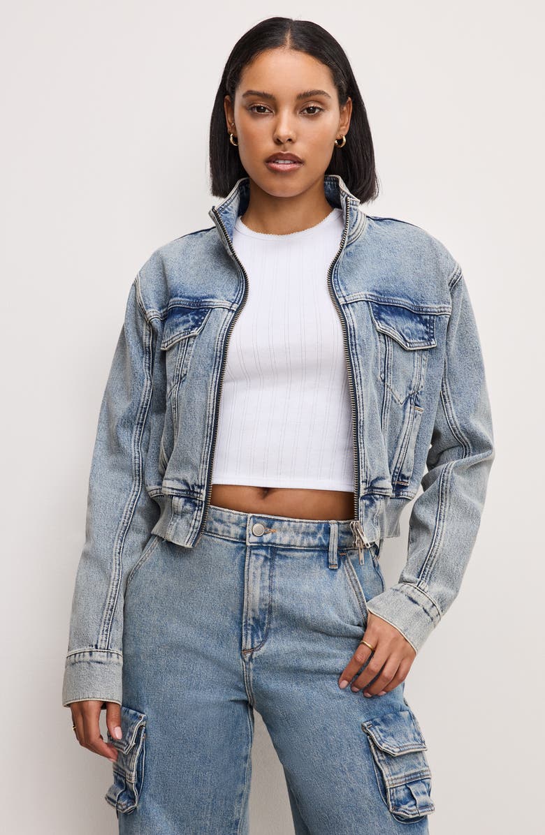Good American Zip Crop Denim Jacket, Alternate, color, 