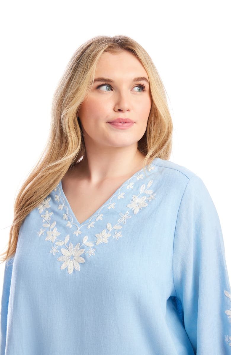 Karen Kane Floral Embroidered Asymmetric Hem Linen Blend Top, Alternate, color,