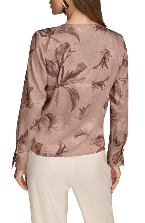 Donna Karan New York Floral Satin Surplice Top In Brown