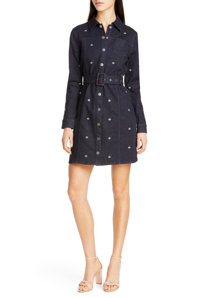 Colour by Numbers Rosarie Embroidered Denim Shirtdress, Main, color, MID WASH