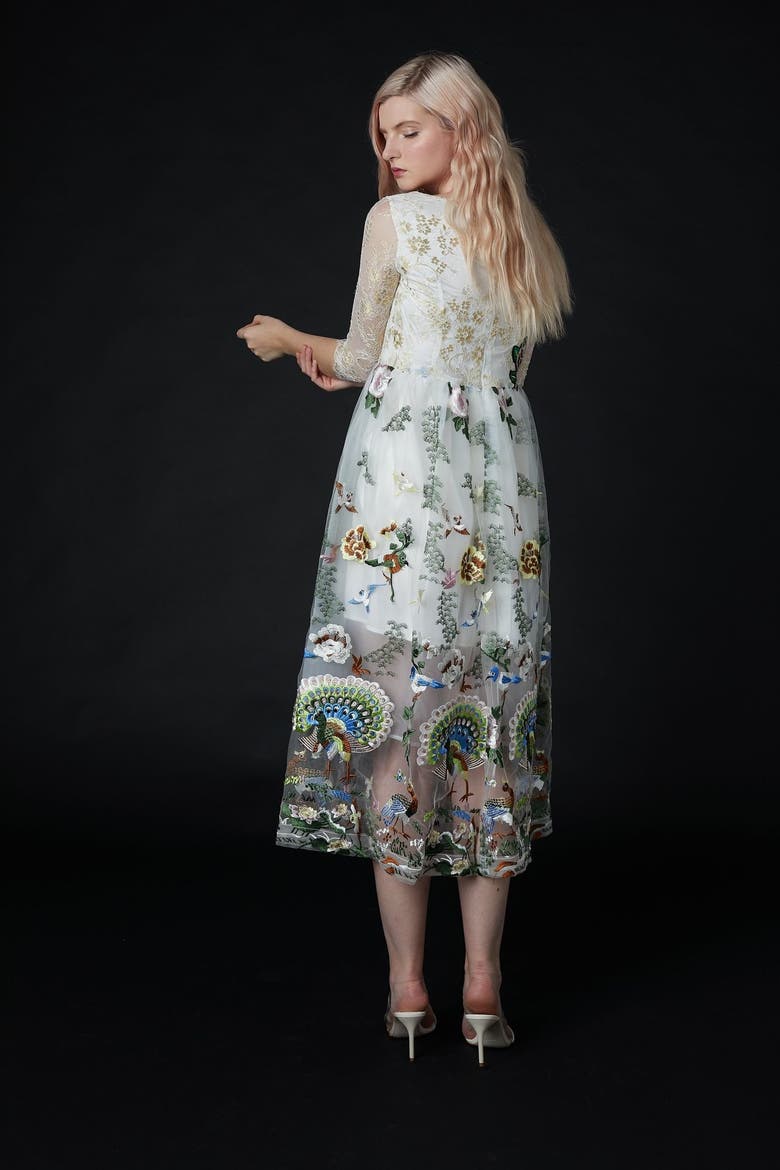 Qiaochu Embroidered Peacock Dress, Alternate, color, White